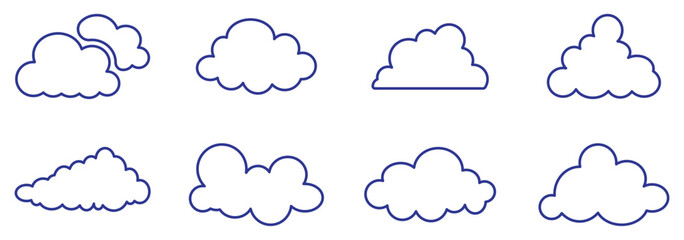 Obraz premium Cute fluffy, bubbly clouds collection. Abstract cloud illustration set. Editable stroke thin line set. Vector cloud icons.