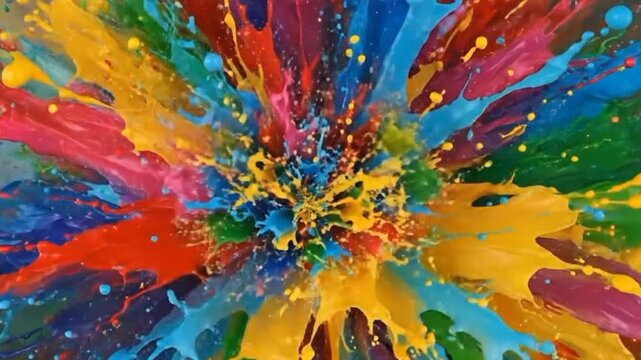 Vibrant multicolored paint explosion seamless loop, dynamic liquid ink splatter bursting in radial motion with artistic droplets for creative background and motion graphics