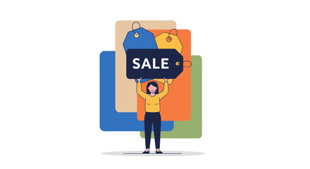 Person holding sale sign surrounded by shopping bags in colorful illustration