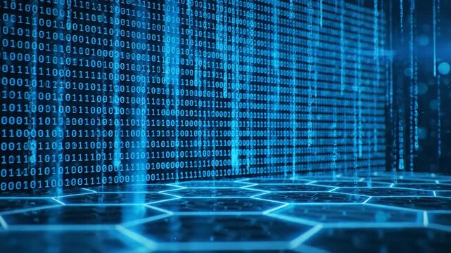 An abstract visual representing digital technology with falling blue binary code against a dark background and a glowing hexagonal grid floor.