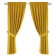 Golden yellow curtains hanging from a rod with tiebacks isolated on transparent background