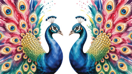 Obraz premium Magnificent pair of peacocks with vibrant, fanned tails in a watercolor illustration