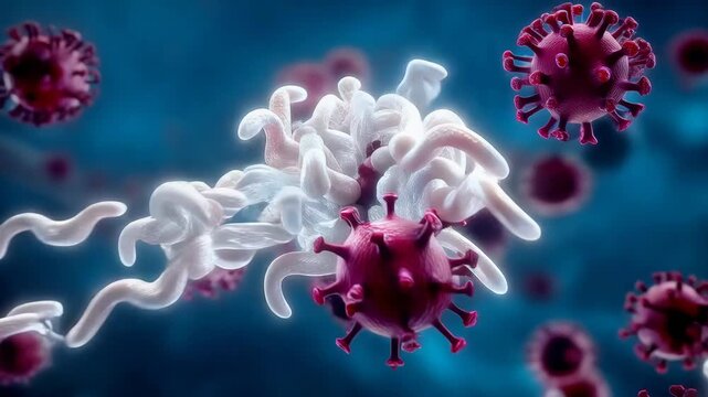 Immune system concept showing antibodies neutralizing virus particles.