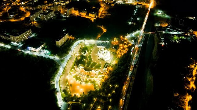 Gelendzhik, Russia. Cathedral of St. Andrew the First-Called. Andreevsky park. Night time. Drone footage
