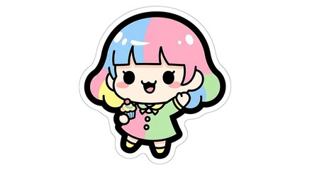 Cute anime girl with pastel hair holding a cupcake, Kawaii cartoon character illustration