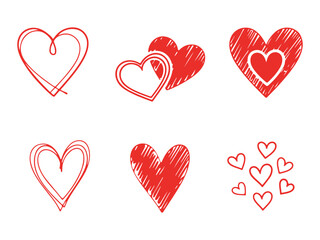 Set of hand-drawn red heart icons with doodle and scribbled styles on white background for love themes
