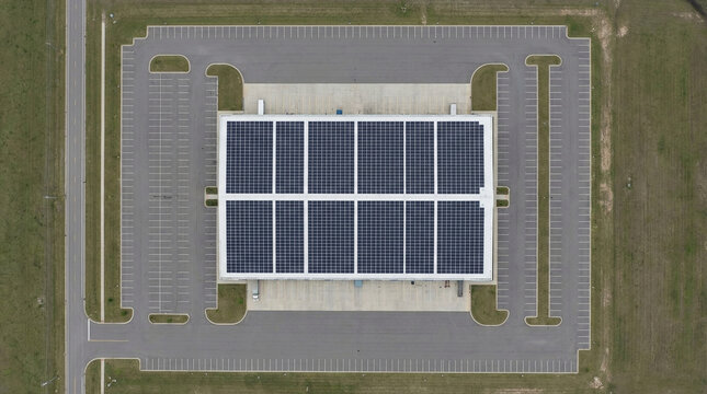 Aerial view of a modern building with rooftop solar panels and parking lot. It signifies sustainable energy and contemporary architecture