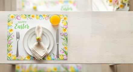 Happy easter sunday table setting with colorful floral decor and utensils