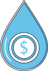 Blue water droplet icon with dollar sign symbol, glossy vector design representing water cost, pricing, conservation, economic value, sustainability
