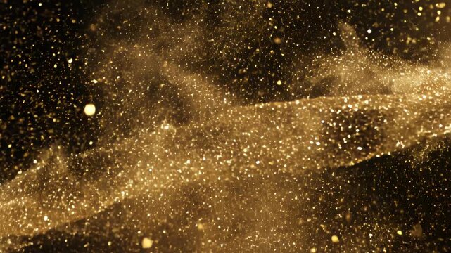 A dynamic gold dust cloud splashes and swirls against a dark backdrop