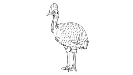Fototapeta premium Detailed black and white line art illustration of a cassowary bird showing its unique head crest and textured feathers for nature education.