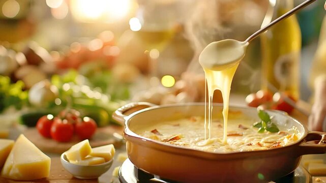 Cheese Fondue Pull with Delicious Melting Cheese and Warm Bokeh Lights
