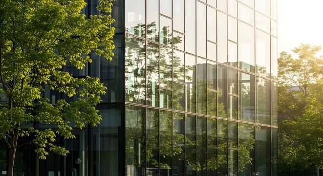 Modern office building with reflective glass windows and surrounding trees