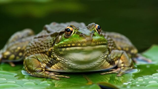 A close-up of a frog on a green leaf. It has textured skin, large eyes, and sits in water droplets