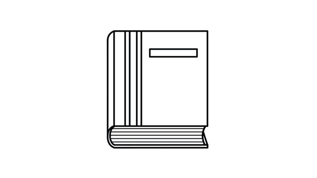 Closed hardcover book with a rectangular label and decorative spine lines is depicted in a simple black and white line art style.