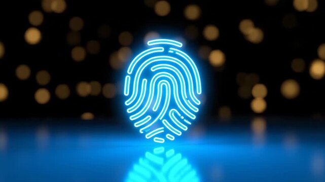 A bright blue neon fingerprint icon glows in the center against a dark background filled with soft, out-of-focus golden bokeh lights. The icon is reflected on a glossy surface.