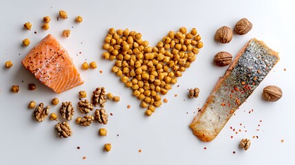 Artistic arrangement showing roasted chickpeas forming a heart shape, salmon slices, and walnuts on white