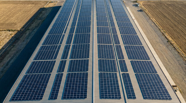 Expansive aerial view of a modern solar panel array stretching across a vast industrial rooftop, generating clean, renewable energy for a sustainable future amidst rural landscapes
