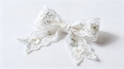 White lace ribbon bow isolated on clean white background. Realistic elegant decoration for Easter gifts and spring wrapping.