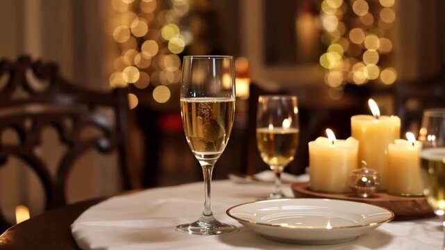 Romantic dinner setup with candles and wine glasses on a table in a cozy restaurant