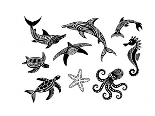 Set of tribal sea animal silhouettes including dolphin, shark, turtle, and octopus with ornamental ethnic patterns © Ms Sayed