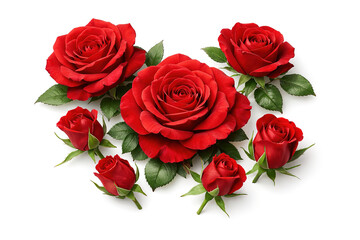 Fototapeta premium Vibrant red roses and lush green leaves artfully arranged on a pristine white background, capturing the essence of natural beauty and romantic allure