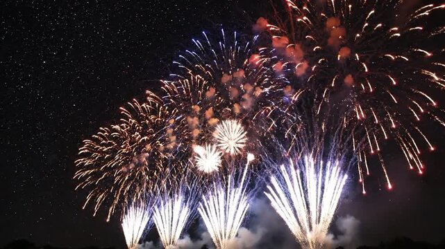 Vibrant Fireworks Exploding at Nighttime Celebration Over City Skyline