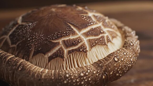 Macro shot of a fresh shiitake mushroom with water droplets on its cap, close-up