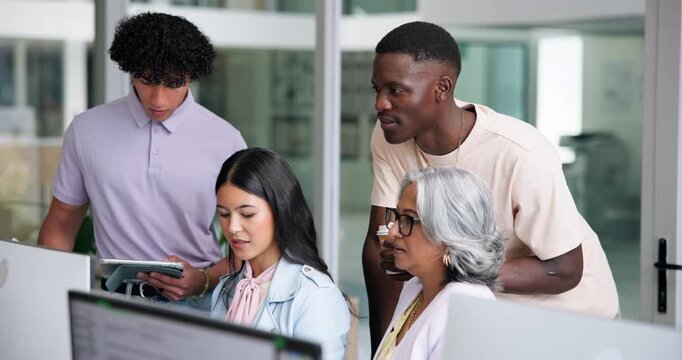 Creative, people and discussion in office with computer, internship or manager review for advertising. Intern, team and mentor in workplace with desktop, chat and idea for digital marketing strategy.
