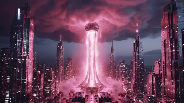 A futuristic cityscape glows with neon pink hues, a tower emitting a radiant energy beam into the sky