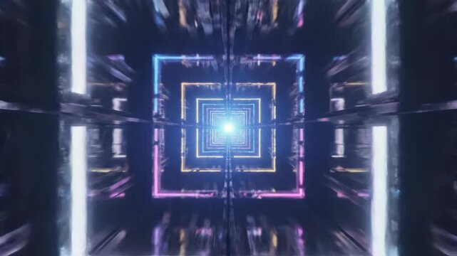 Abstract geometric tunnel with neon light square frames