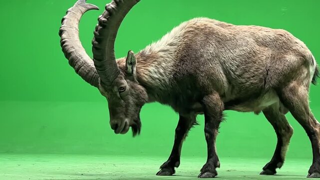 A majestic ibex with large curved horns standing on a green screen background.