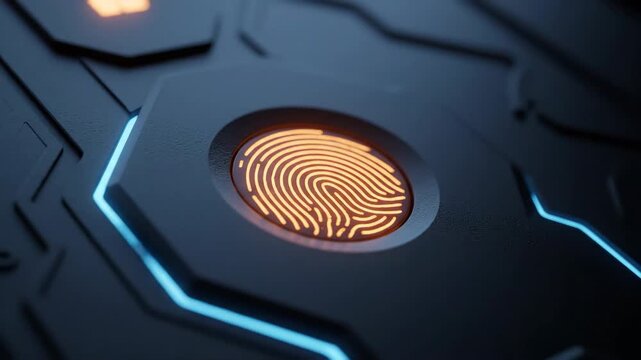 Close Up Digital Fingerprint Scanner Orange Glow on Dark Hexagonal Circuit Board with Blue Neon Light Accents