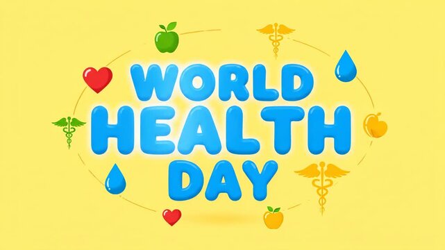 Colorful World Health Day Illustration with Health Symbols on Yellow Background
