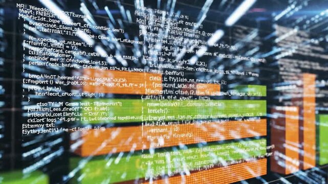 Abstract data visualization with bar graph and flowing code strings