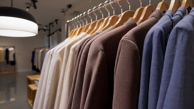 Brown jacket blue jacket beige jacket displayed wooden hanger clothing rack modern fashion store with minimalist design, soft lighting, and organized