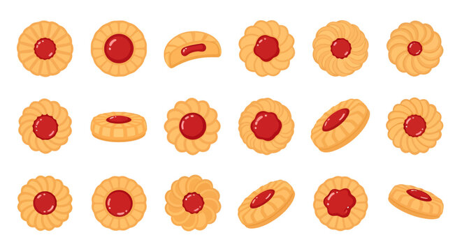 Jam thumbprint cookies set, strawberry jelly butter biscuits collection, top and side view pastry vector illustration
