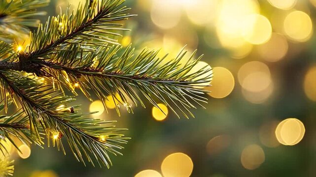 Close-up pine branch with warm golden lights