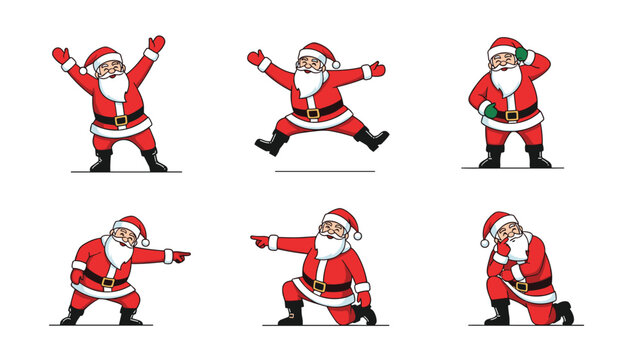 Set of various Santa Claus poses including waving, jumping, pointing, and thinking to illustrate different emotions during Christmas.