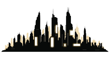 Fototapeta premium Modern city skyline silhouette at dusk with glowing windows, representing urban growth and future progress.