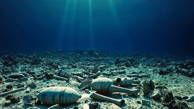 Sunbeams pierce underwater wreck