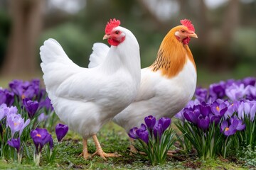 Fototapeta premium Two hens standing among vibrant purple crocus flowers