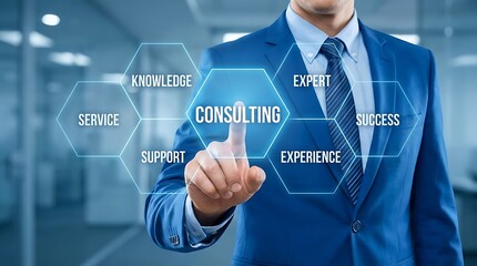 Man in blue suit touching a digital interface showing the concept of consulting with related keywords knowledge experience service support expert and success in hexagons