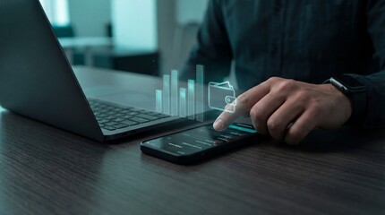 Man using smartphone and laptop computer for business analysis and finance management