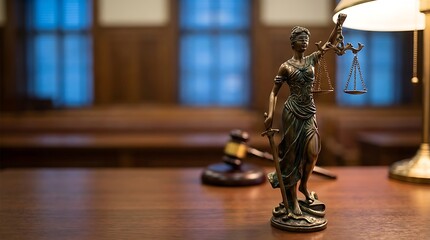 Symbolic Lady Justice statue holding scales and sword in courtroom with gavel and lamp