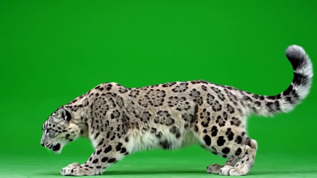A majestic snow leopard with distinctive spotted fur walking on a vibrant green screen background in a studio setting.