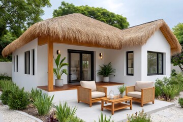 Fototapeta premium Tropical villa exterior featuring a modern thatch roof
