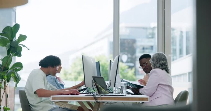 Business people, coworking and computer with documents for project briefing, agenda or tasks. Group, employees or creative designer with paperwork or technology for development in digital agency