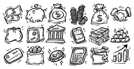 Hand Drawn Bank and Finance Doodle Illustration Set
