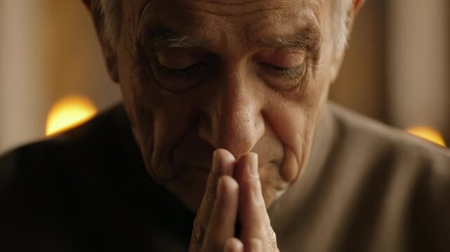 Religious elderly man face praying to GOD with eyes closed in Spiritual Contemplation.